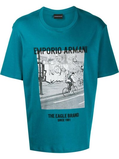 Blue Men's Armani Emporio Photographic Print T Shirts | FRAHRZO