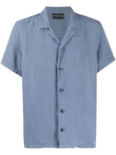 Blue Men's Armani Emporio Short Sleeve Fitted Shirts | G2KBH64