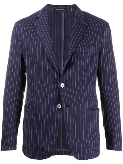 Blue Men's Armani Emporio Single Breasted Striped Print Blazers | 72Y0I8Z