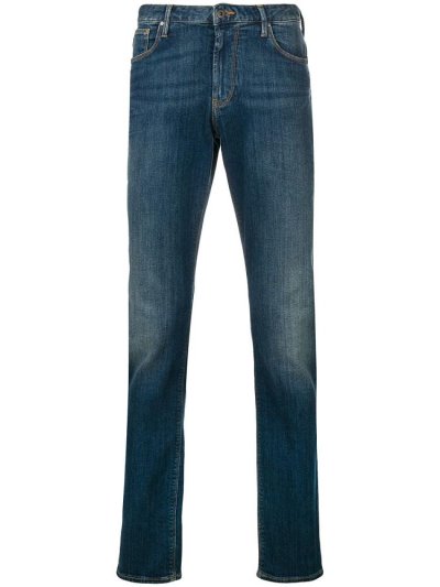 Blue Men's Armani Emporio Slim Stonewashed Jeans | OPZNT8Q