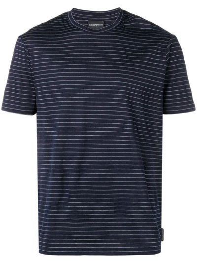 Blue Men's Armani Emporio Striped T Shirts | MK0PLTQ