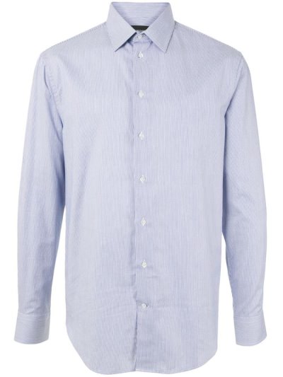 Blue Men's Armani Emporio Striped Print Buttoned Shirts | WJIGMLN