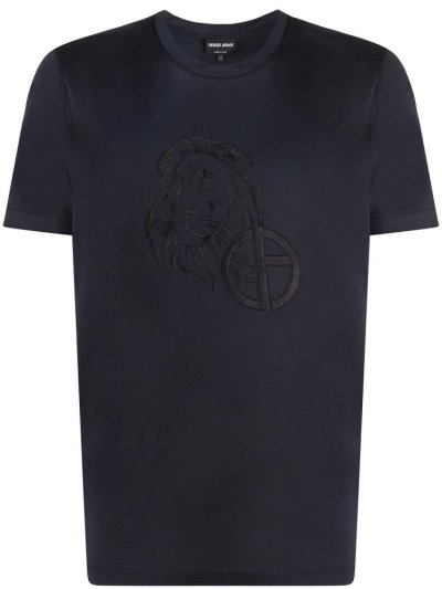 Blue Men's Giorgio Armani Embroidered Logo T Shirts | O6PC3PB