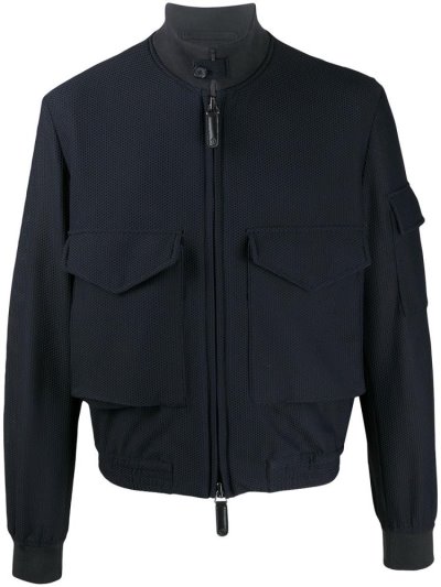 Blue Men's Giorgio Armani High Collar Logo Bomber Jacket | VDLJFB5