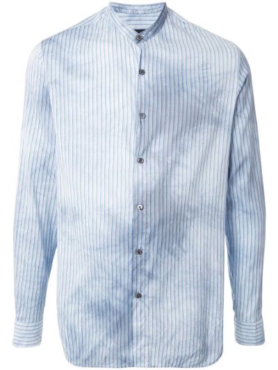 Blue Men's Giorgio Armani Striped Band Collar Shirts | 8MXSKWC