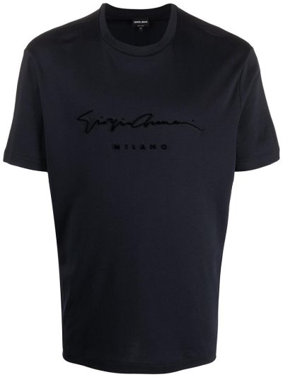 Blue Men's Giorgio Armani Textured Logo T Shirts | 13092C2