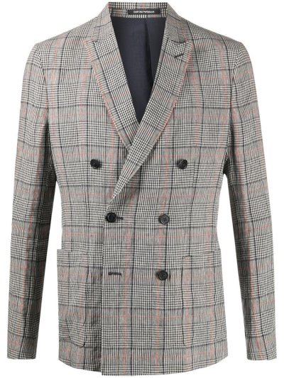 Blue / Neutral Men's Armani Emporio Plaid Double Breasted Suit Jackets | GCOQK6E