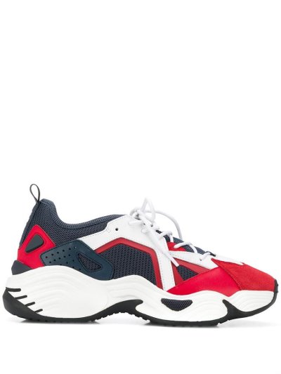 Blue / Red Men's Armani Emporio Contrast Panel Low Top Sneakers | QPW5WCV