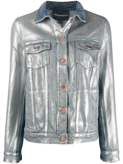 Blue / Silver Women's Armani Emporio Metallic Denim Jackets | 1Y8WBL2