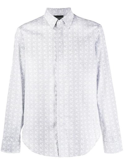 Blue / White Men's Armani Emporio Geometric Print Slim Fit Shirts | 1N7JIV2