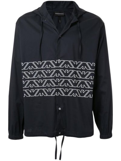 Blue / White Men's Armani Emporio Hooded Monogram Pattern Shirts | JJVF4Y5