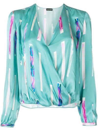 Blue Women's Armani Emporio Abstract Print Wrap Blouse | ID4CO1O