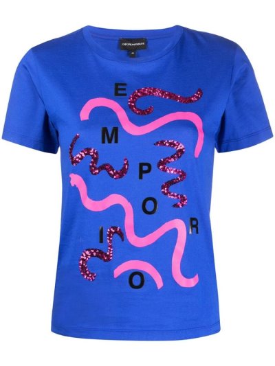 Blue Women's Armani Emporio Sequin Embellished Printed T Shirts | ABM0USE