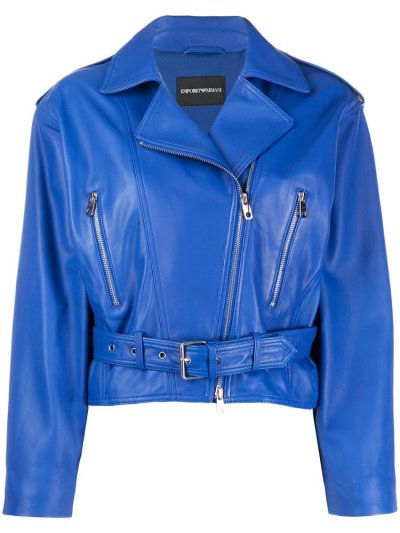 Blue Women's Armani Emporio Zipped Biker Jacket Jackets | V9EK3IU