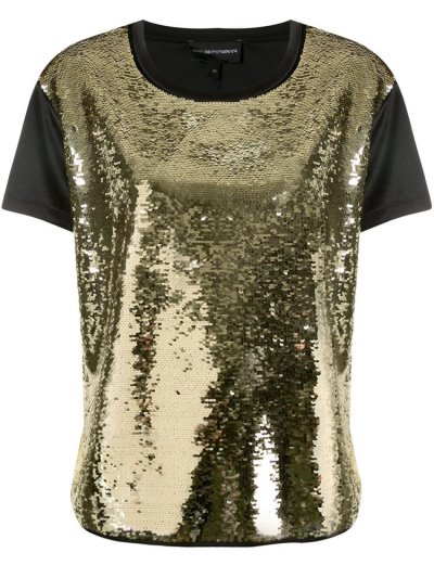 Gold Women's Armani Emporio Sequin Embellished Front T Shirts | ONCVFU1