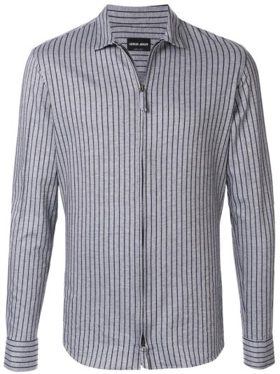 Grey / Black Men's Giorgio Armani Striped Zip Front Shirts | ZHL5URL