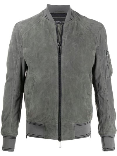 Grey Men's Armani Emporio Leather Bomber Jacket | ITDYONK