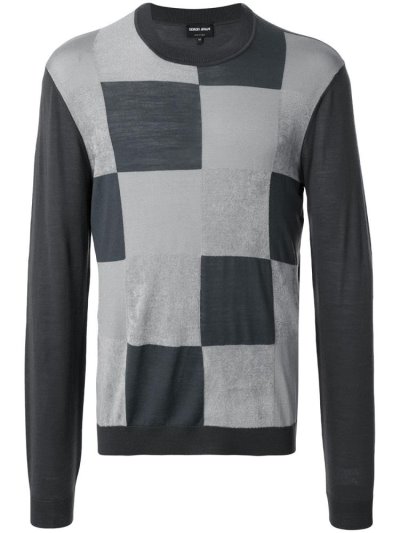 Grey Men's Giorgio Armani Checkered Crew Neck Sweatshirts | 07TG92M