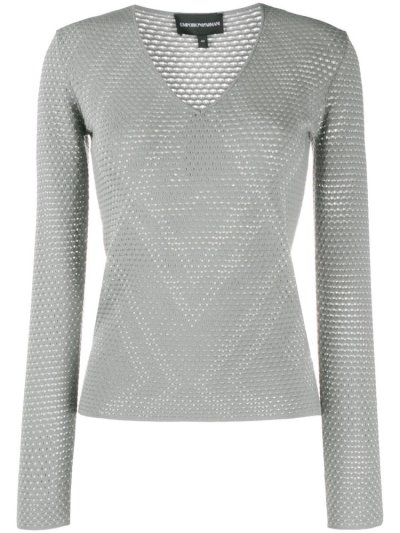 Grey Women's Armani Emporio Textured V Neck Sweatshirts | 9WYIFSM