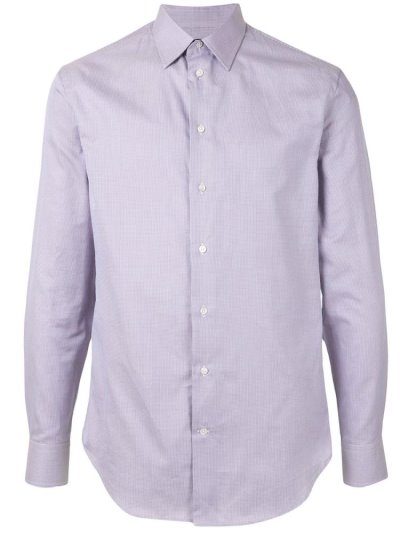 Purple Men's Armani Emporio Micro Check Print Curved Hem Shirts | Y7HUO96