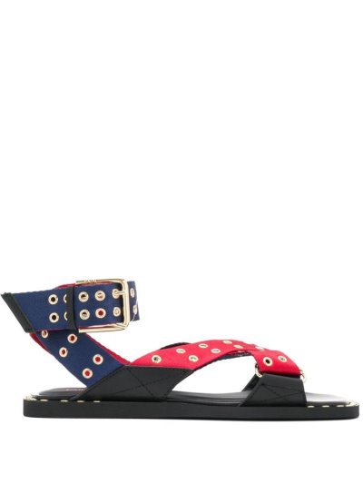 Red / Blue Women's Armani Emporio Eyelet Straps Flat Sandals | CBI0OHU