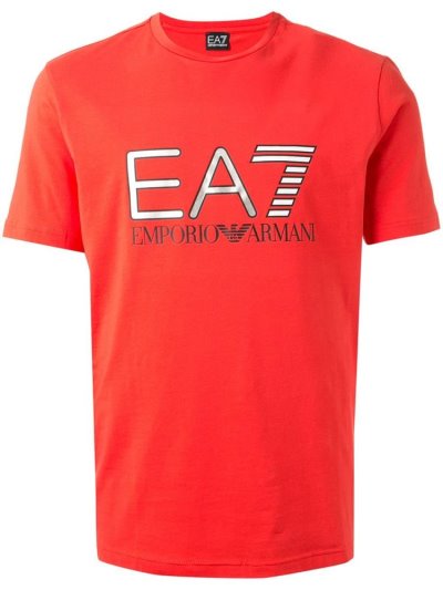 Red Men's Ea7 Emporio Armani Metallic Ea7 Logo Printed T Shirts | PNUJKWY