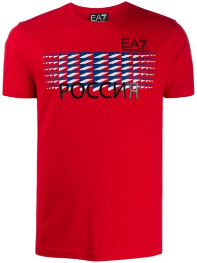 Red Men's Ea7 Emporio Armani Russia Print Cotton T Shirts | 7XQWOSK