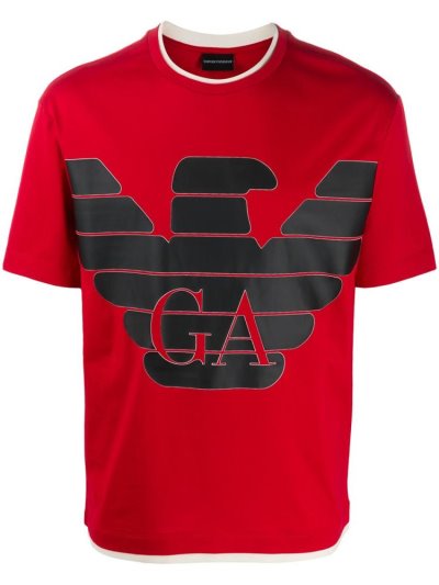 Red Men's Armani Emporio Logo Crew Neck T Shirts | CAXZPKL