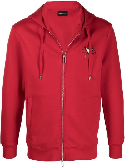 Red Men's Armani Emporio Logo Zipped Drawstring Hoodie | 6R2HXCP