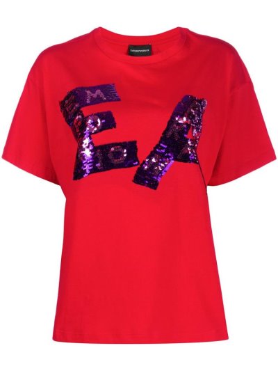 Red Women's Armani Emporio Sequined Logo T Shirts | AUFXRRB