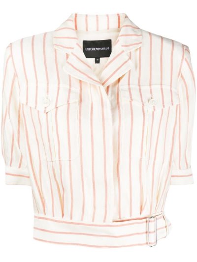 Red Women's Armani Emporio Striped Cropped Shirts | O5NET5F