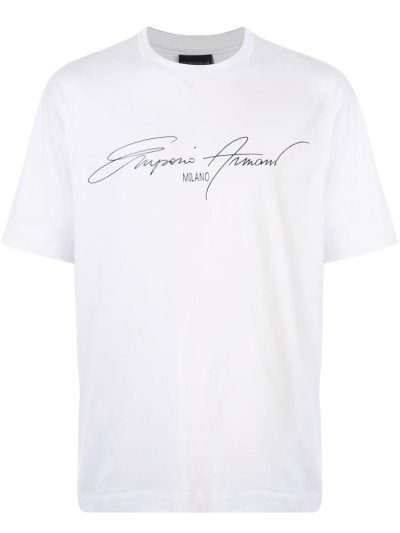 White / Black Men's Armani Emporio Signature Logo T Shirts | 18WXB8L