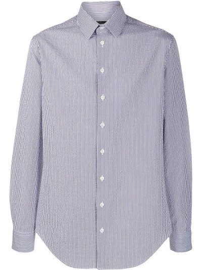 White / Blue Men's Giorgio Armani Striped Print Long Sleeve Shirts | HQNCAUM