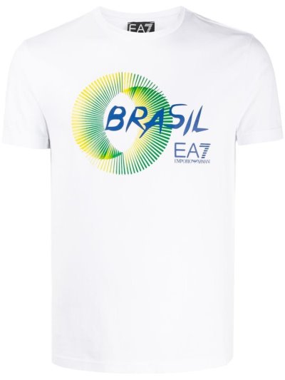 White Men's Ea7 Emporio Armani Brasil Print Cotton T Shirts | P9VPD9G