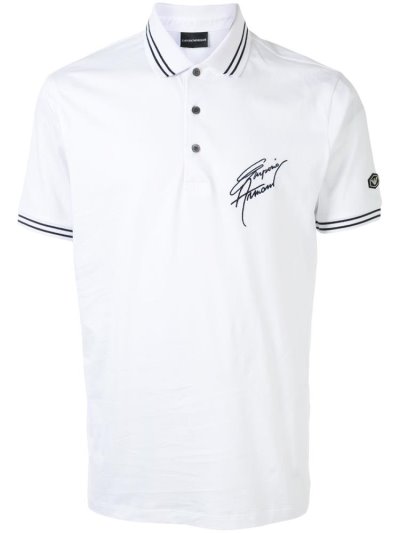 White Men's Armani Emporio Embroidered Logo Polo Shirts | 9AEG3X9