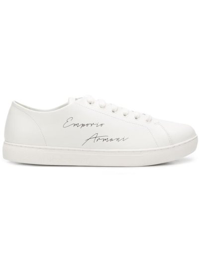 White Men's Armani Emporio Lace Up Low Sneakers | KL0E3EQ