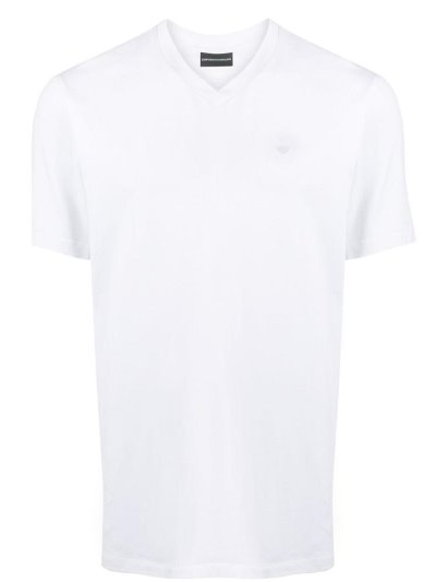 White Men's Armani Emporio Logo Detail V Neck T Shirts | PZYECVI