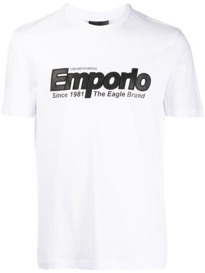 White Men's Armani Emporio Logo Embroidered T Shirts | Z9RU68K