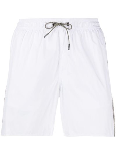 White Men's Armani Emporio Logo Stripe Swim Shorts | MGNXG03