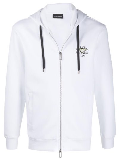 White Men's Armani Emporio Logo Zipped Drawstring Hoodie | 0XR2Z1Y