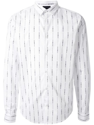 White Men's Armani Emporio Long Sleeve Logo Striped Shirts | MR37EU8