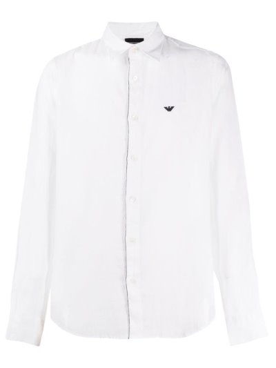 White Men's Armani Emporio Long Sleeve Linen Shirts | R0VGKZO