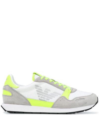 White Men's Armani Emporio Neon Trimmed Suede Panel Low Top Sneakers | PBR0OQ3