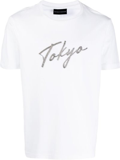 White Men's Armani Emporio Tokyo' Logo T Shirts | CDJH8FJ