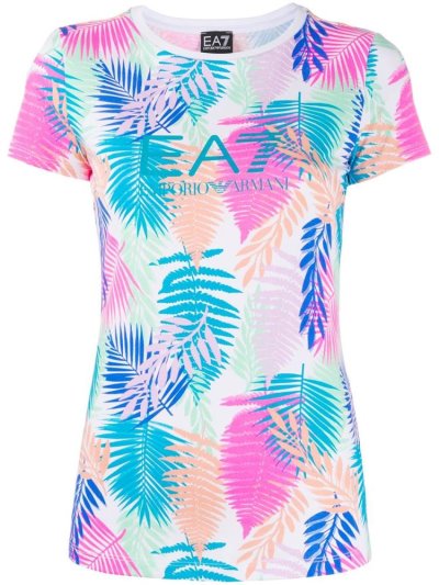 White Women's Ea7 Emporio Armani Short Sleeve Palm Print T Shirts | L836I54