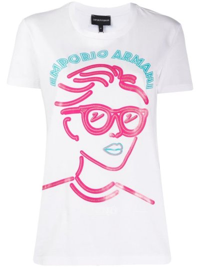 White Women's Armani Emporio Portrait Print T Shirts | F6X4FEY