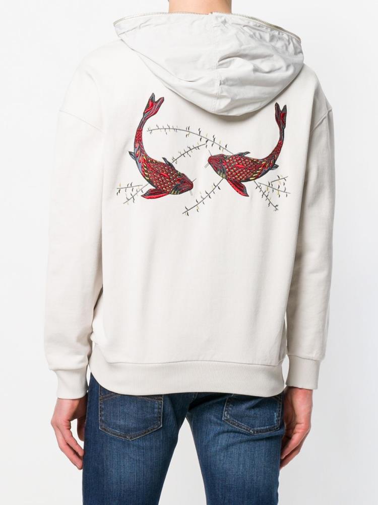 Beige Men's Armani Emporio Koi Fish Embroidered Hoodie | UYN83PH