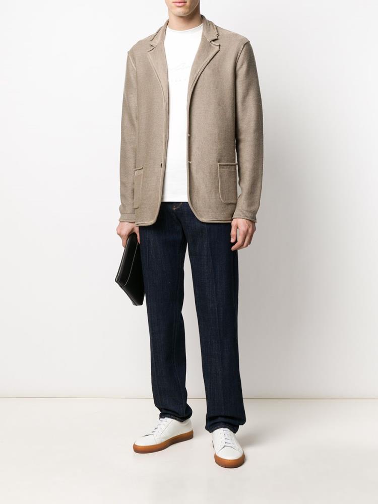 Beige Men's Giorgio Armani Fine Knit Blazers | STJ4OUA