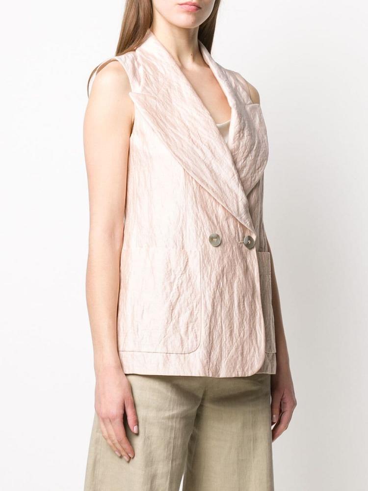 Beige Women's Armani Emporio Peak Lapel Double Breasted Crinkle Gilet Vest | PDGGC4M