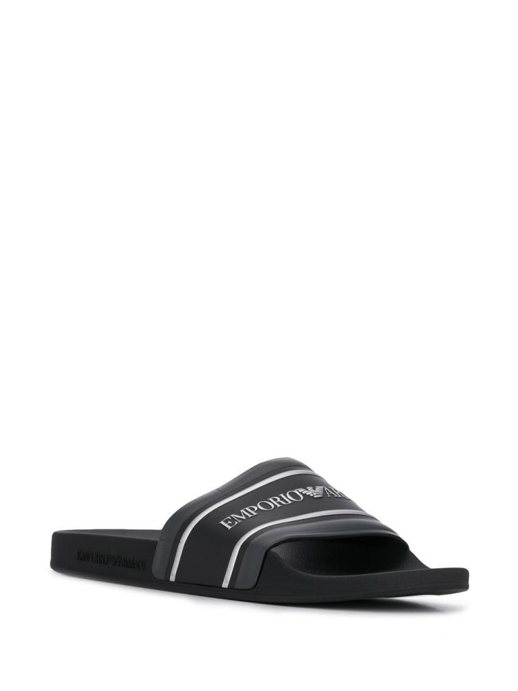 Black / Blue Men's Armani Emporio Logo Print Flat Slides | XPSOF5C